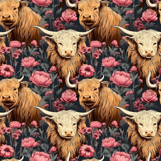 Floral Highland Cows Pattern 12 Quilting Cotton Fabric