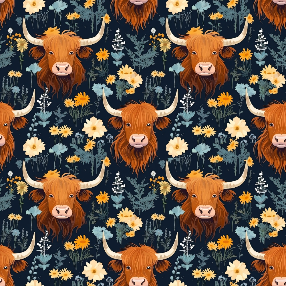 Floral Highland Cows Pattern 2 Quilting Cotton Fabric