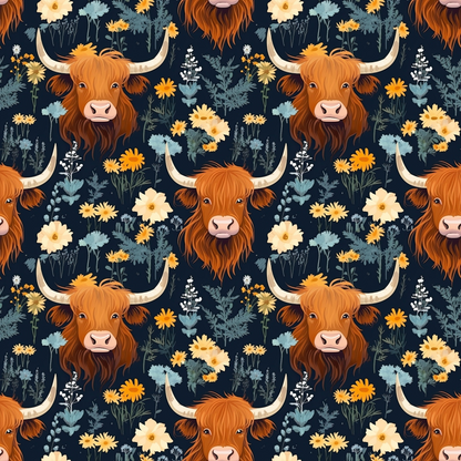 Floral Highland Cows Pattern 2 Quilting Cotton Fabric