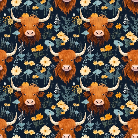 Floral Highland Cows Pattern 2 Quilting Cotton Fabric