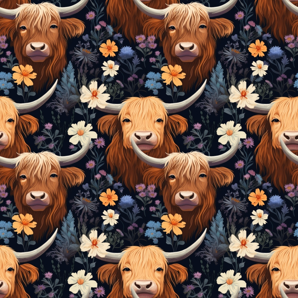 Floral Highland Cows Pattern 3 Quilting Cotton Fabric