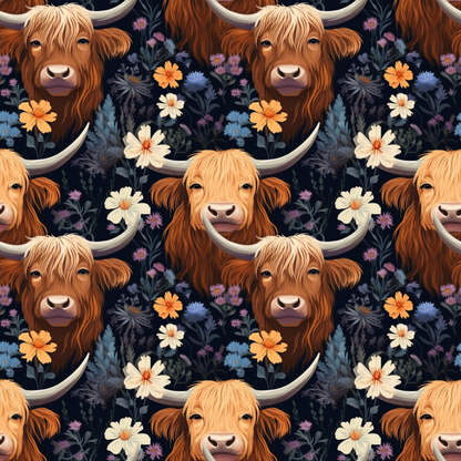 Floral Highland Cows Pattern 3 Quilting Cotton Fabric