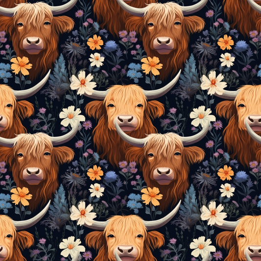 Floral Highland Cows Pattern 3 Quilting Cotton Fabric