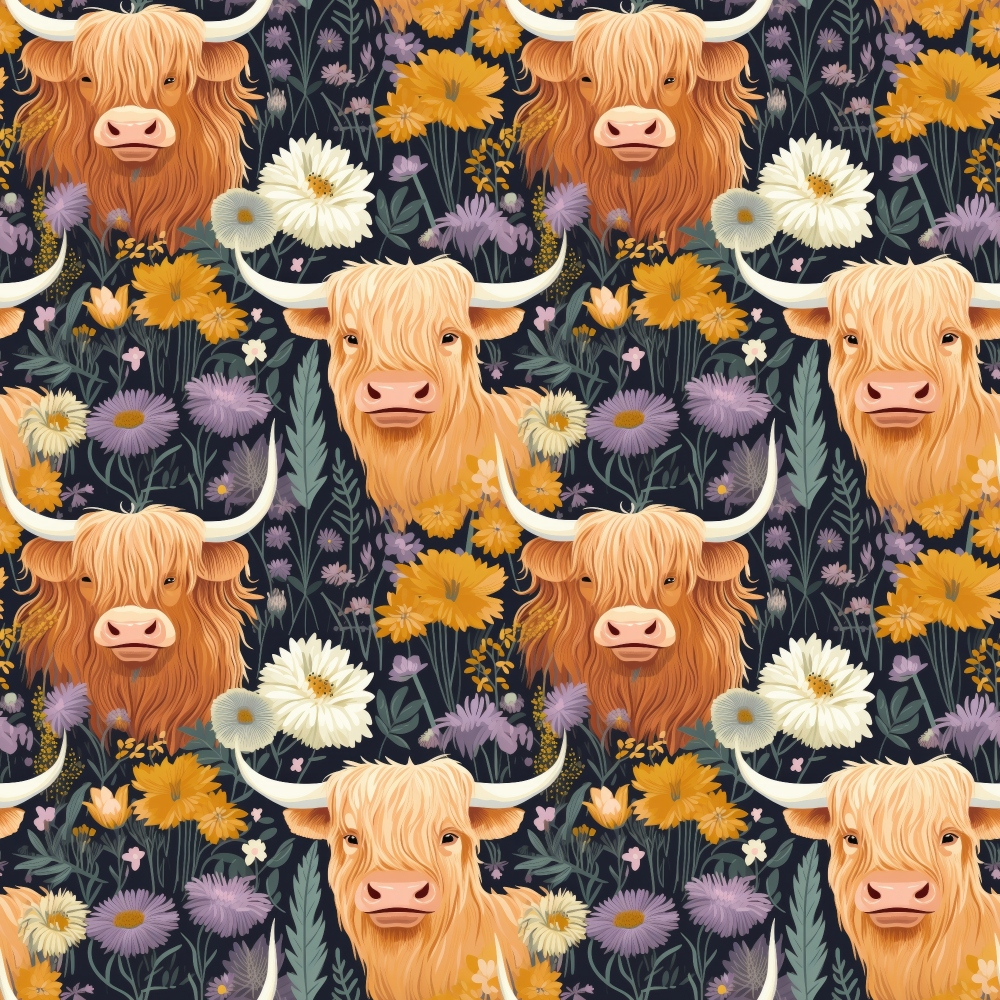 Floral Highland Cows Pattern 4 Quilting Cotton Fabric