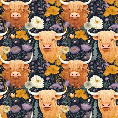 Floral Highland Cows Pattern 4 Quilting Cotton Fabric