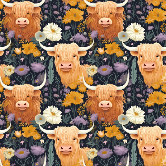 Floral Highland Cows Pattern 4 Quilting Cotton Fabric