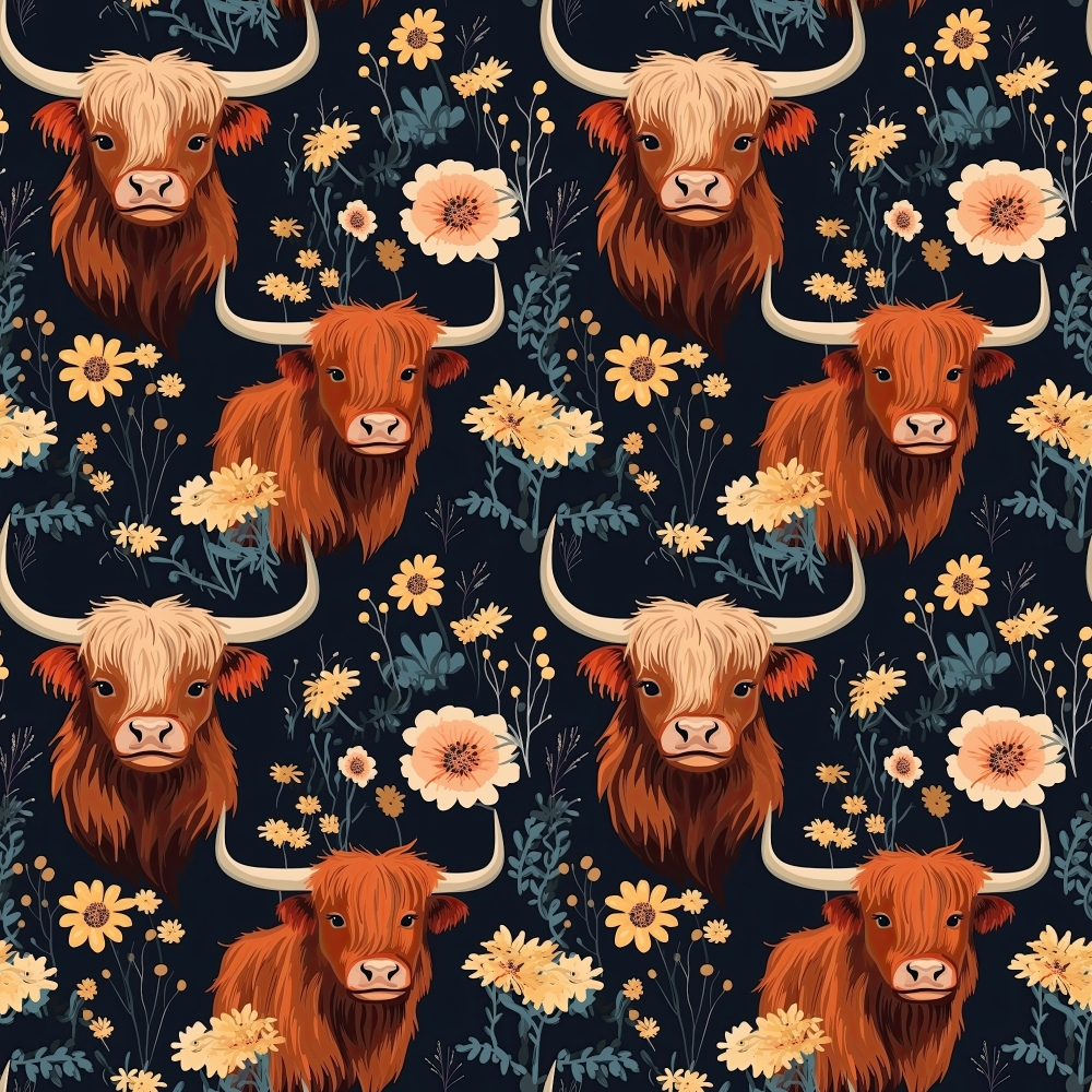 Repeating pattern of Highland cows with large horns among yellow and orange flowers on a dark background.