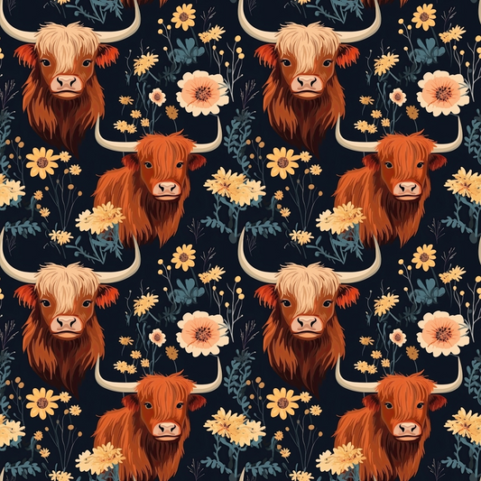 Floral Highland Cows Pattern 5 Quilting Cotton Fabric