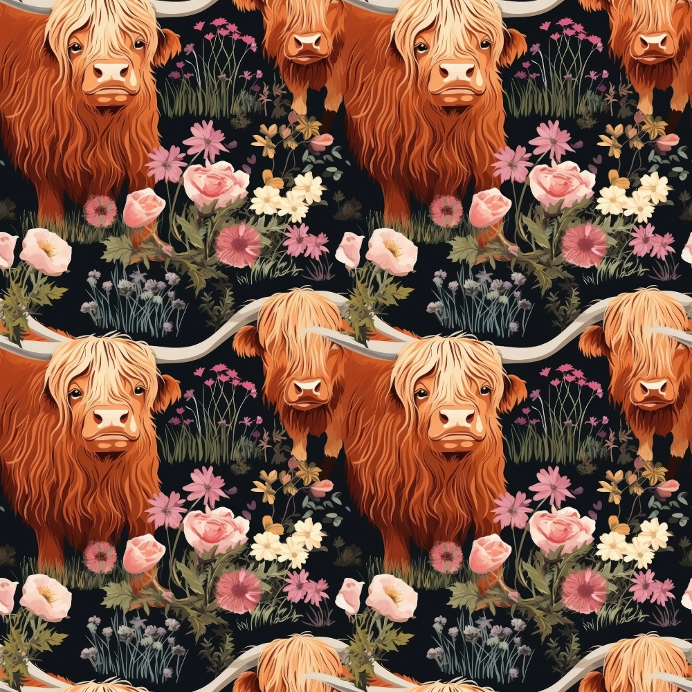 Floral Highland Cows Pattern 6 Quilting Cotton Fabric