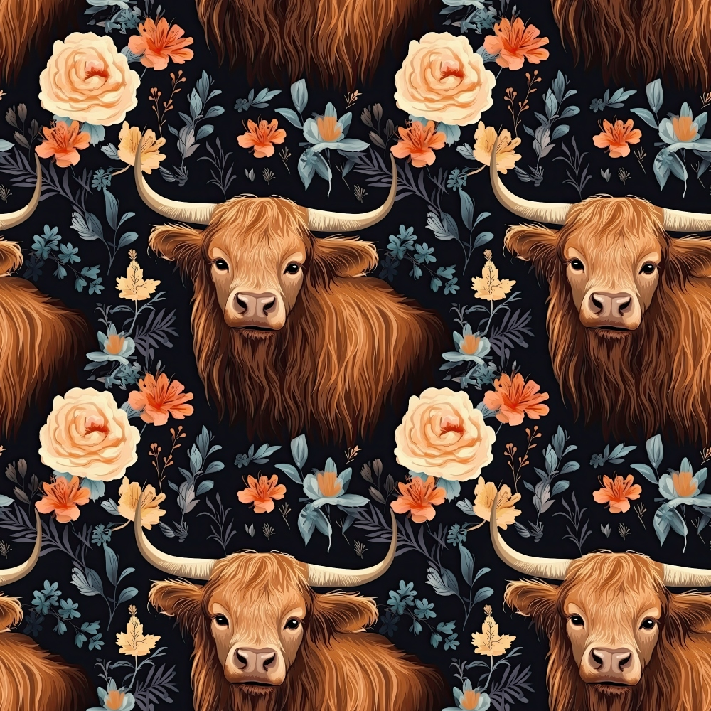 Floral Highland Cows Pattern 7 Quilting Cotton Fabric