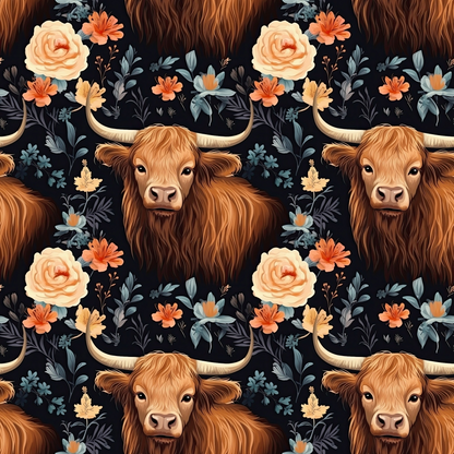 Floral Highland Cows Pattern 7 Quilting Cotton Fabric