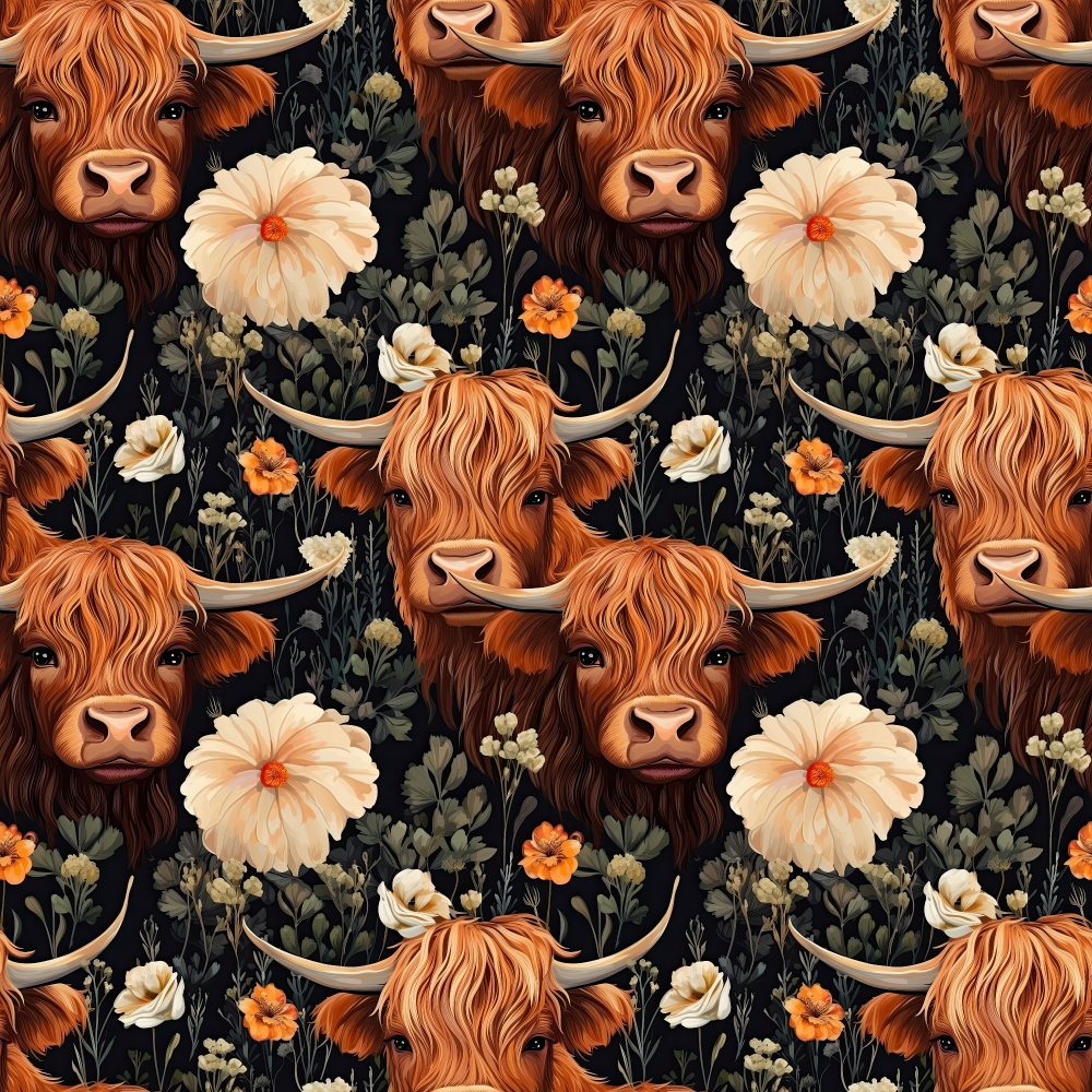 Floral Highland Cows Pattern 8 Quilting Cotton Fabric