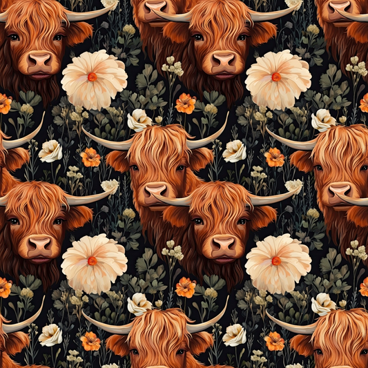 Floral Highland Cows Pattern 8 Quilting Cotton Fabric