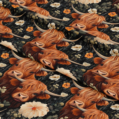 Floral Highland Cows Pattern 8 Quilting Cotton Fabric