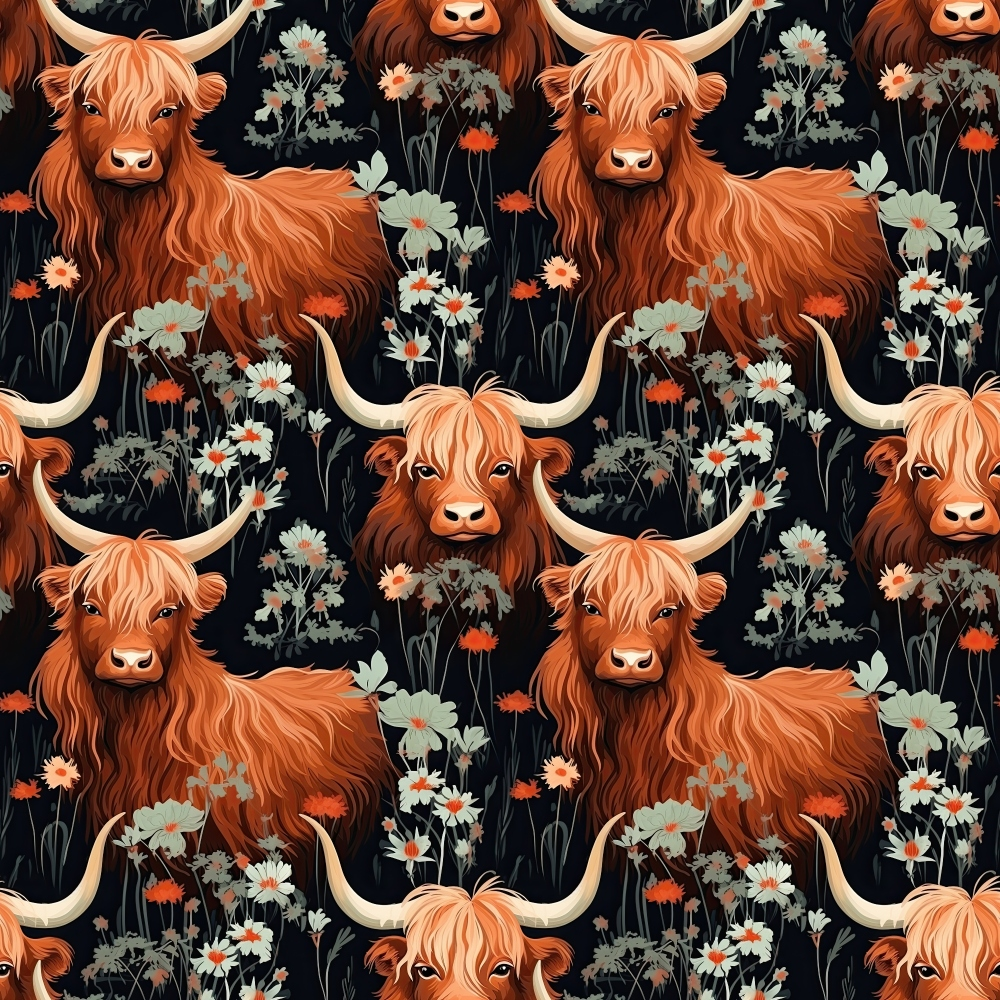 Floral Highland Cows Pattern 9 Quilting Cotton Fabric