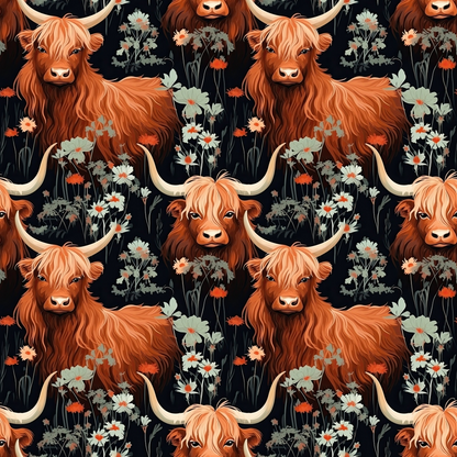 Floral Highland Cows Pattern 9 Quilting Cotton Fabric