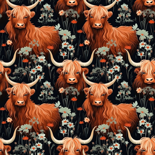 Floral Highland Cows Pattern 9 Quilting Cotton Fabric