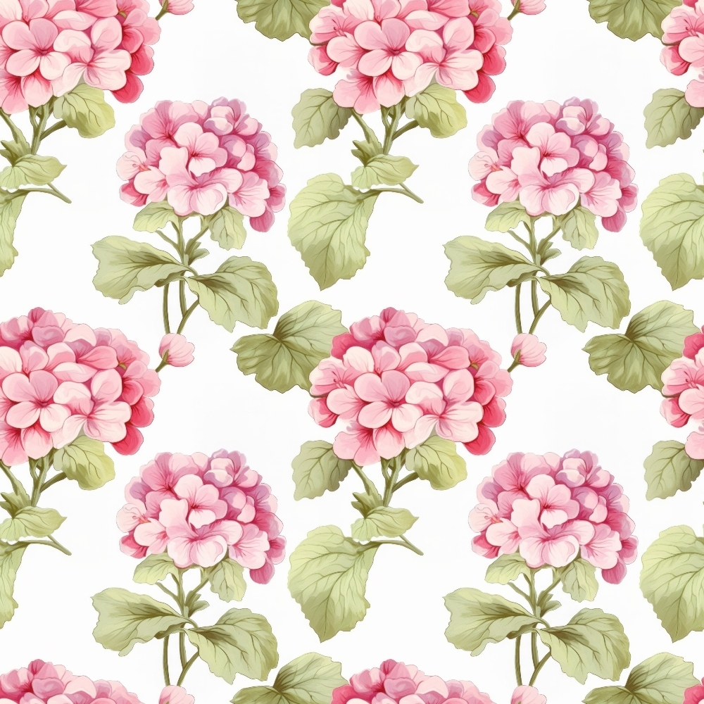 pink flowers, green leaves, floral pattern, geraniums, botanical design, cottage style, soft pink, sage green, white background, repeating motif, quilting cotton, fabric panel, vintage inspired, garden flowers, delicate petals, stemmed blooms, romantic florals, pastel tones, nature motifs