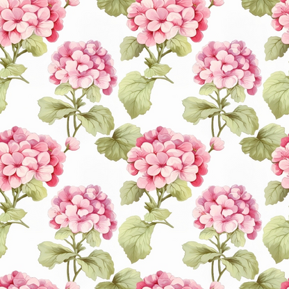 pink flowers, green leaves, floral pattern, geraniums, botanical design, cottage style, soft pink, sage green, white background, repeating motif, quilting cotton, fabric panel, vintage inspired, garden flowers, delicate petals, stemmed blooms, romantic florals, pastel tones, nature motifs