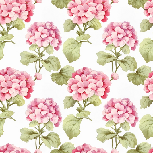 pink flowers, green leaves, floral pattern, geraniums, botanical design, cottage style, soft pink, sage green, white background, repeating motif, quilting cotton, fabric panel, vintage inspired, garden flowers, delicate petals, stemmed blooms, romantic florals, pastel tones, nature motifs
