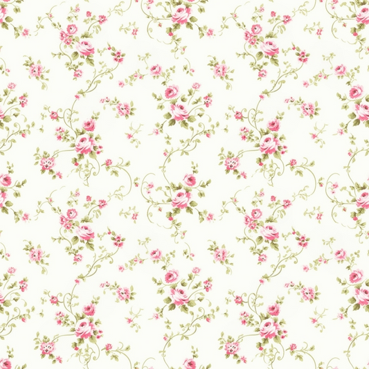 A seamless floral pattern featuring pink roses and green vines on a light cream background.