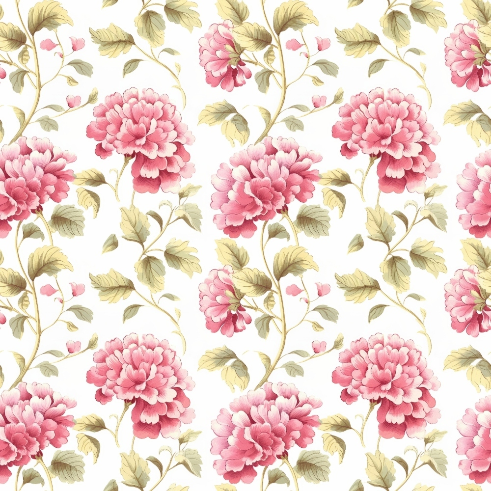 Pattern of pink flowers with green leaves on a white background, repeating vertically and horizontally.