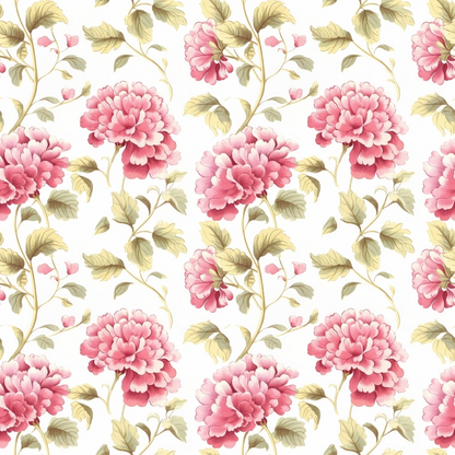 Pattern of pink flowers with green leaves on a white background, repeating vertically and horizontally.