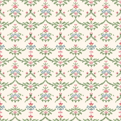 Pattern of floral motifs with pink, blue, and green elements on a light background, forming a repeating symmetrical design.