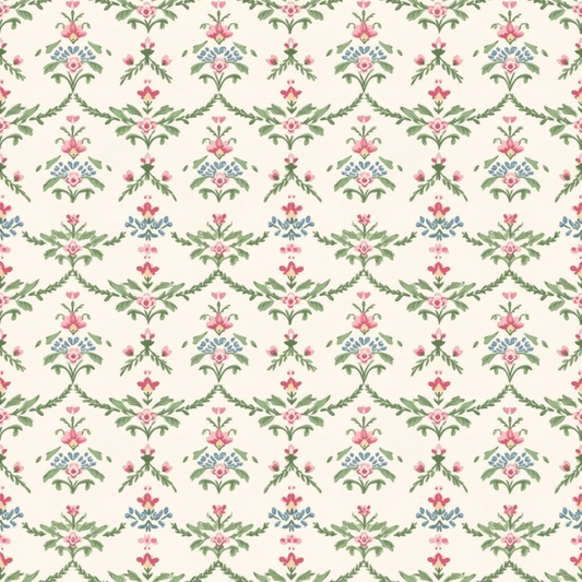 floral pattern, pink flowers, cottage garden, sage green, dusty blue, cream background, botanical motifs, symmetrical design, damask style, quilting cotton, fabric panel, soft pastels, folk art, country style, repeating pattern, romantic florals, vintage inspired, delicate blooms, garden flowers, muted tones