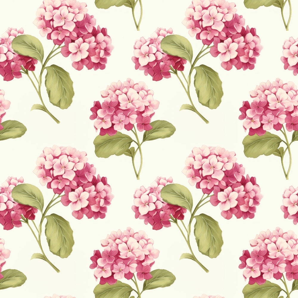 Pattern of pink hydrangea flowers with green leaves on a off-white background.