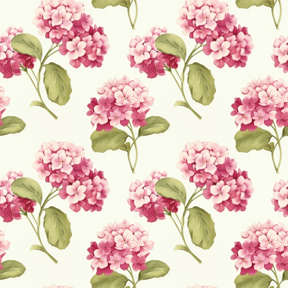 Pattern of pink hydrangea flowers with green leaves on a off-white background.