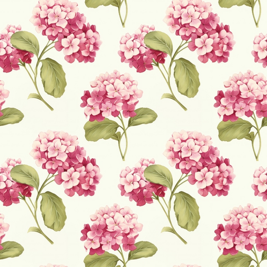 pink hydrangeas, floral pattern, cottage garden, quilting cotton, fabric panel, botanical design, green leaves, soft pink, dusty rose, cream background, repeating motif, vintage style, garden flowers, delicate blooms, romantic florals, pastel colors, nature inspired, spring flowers, watercolor effect, feminine design