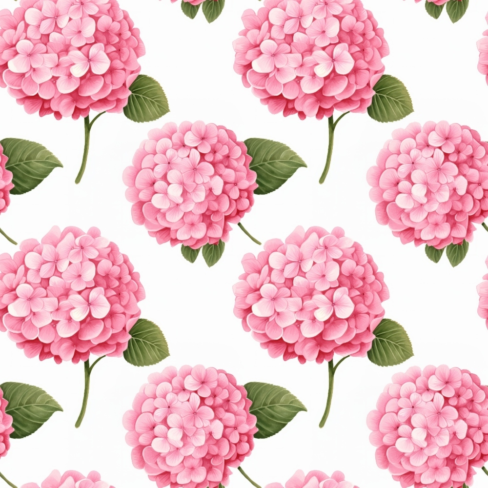 pink hydrangeas, floral pattern, cottage garden, quilting cotton, fabric panel, botanical design, green leaves, repeating motif, soft pink, blush tones, garden flowers, spring blooms, feminine florals, watercolor style, romantic mood, clustered blooms, nature inspired, delicate petals, pastel palette, quilting material