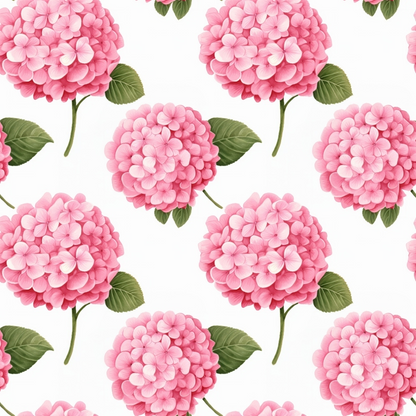 pink hydrangeas, floral pattern, cottage garden, quilting cotton, fabric panel, botanical design, green leaves, repeating motif, soft pink, blush tones, garden flowers, spring blooms, feminine florals, watercolor style, romantic mood, clustered blooms, nature inspired, delicate petals, pastel palette, quilting material
