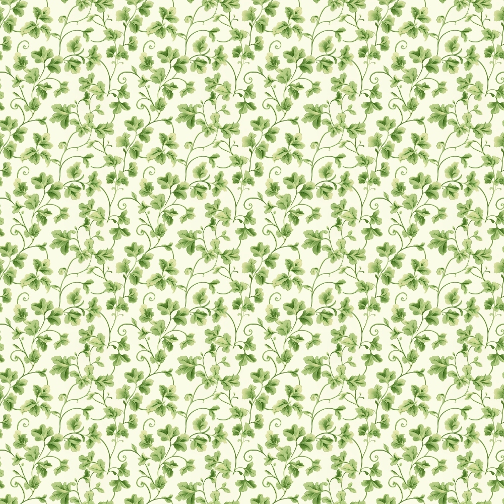 Intricate green floral pattern with vines and leaves, repeating on a light background.
