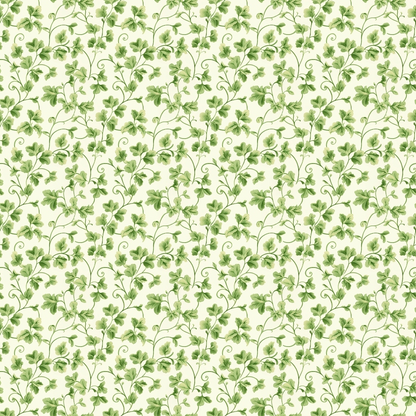 Intricate green floral pattern with vines and leaves, repeating on a light background.