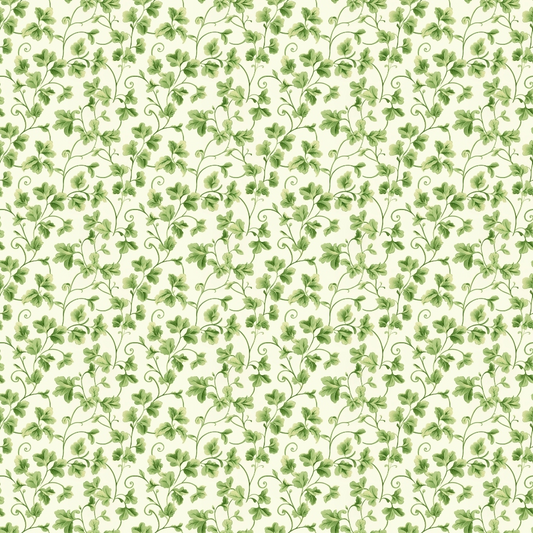 green leaves, cream background, botanical pattern, vine motif, leafy design, quilting cotton, fabric panel, nature inspired, soft green, ivory base, delicate foliage, repeating pattern, organic shapes, garden theme, watercolor style, floral fabric, cottage style, pastel tones, flowing vines, decorative leaves