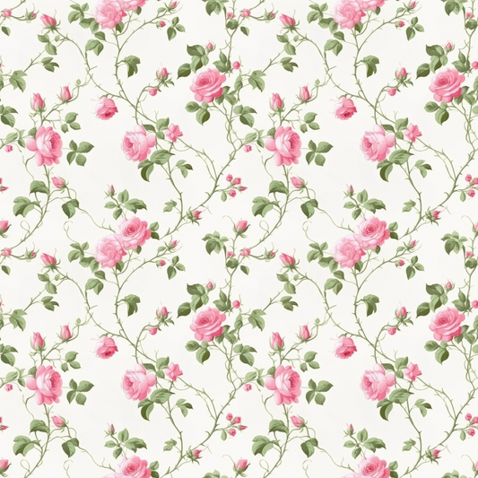 Seamless pattern with pink roses and green leaves on a light background.