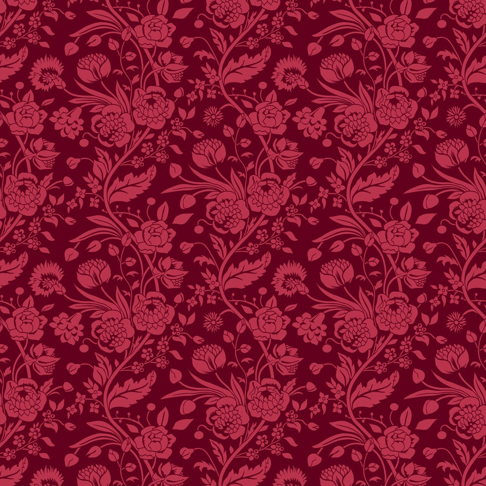 Intricate floral pattern with red flowers and leaves on a dark burgundy background.