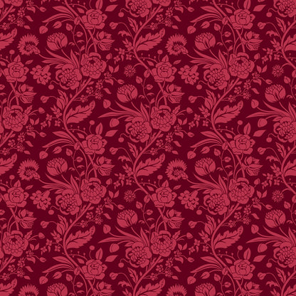 Intricate floral pattern with red flowers and leaves on a dark burgundy background.