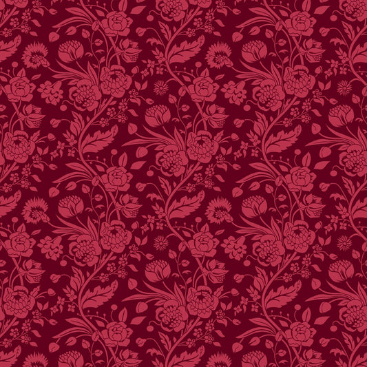 Intricate floral pattern with red flowers and leaves on a dark burgundy background.