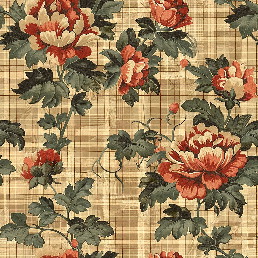 Floral pattern with red and white flowers and green leaves on a beige checkered background.