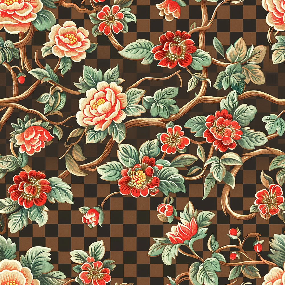 Floral pattern with red and pink flowers, green leaves, and vines on a dark brown checkered background.