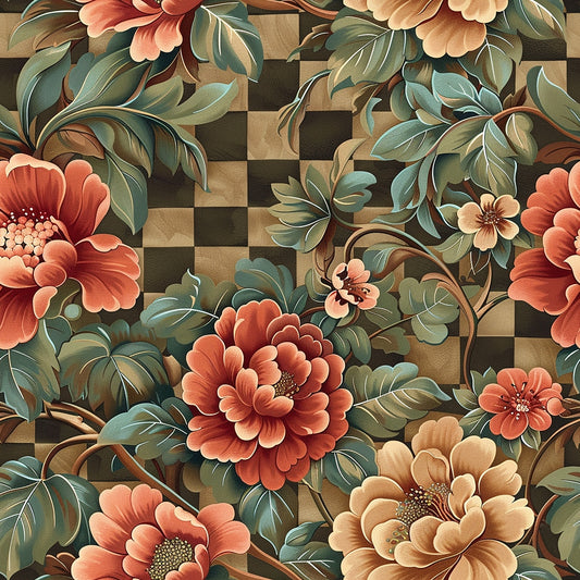 Floral pattern with large, intricate flowers and leaves on a green and brown checkered background.