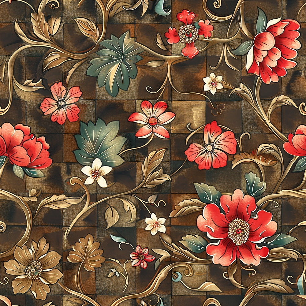 A richly detailed floral pattern with red, white, and orange flowers, green leaves, and swirling vines on a textured brown background.