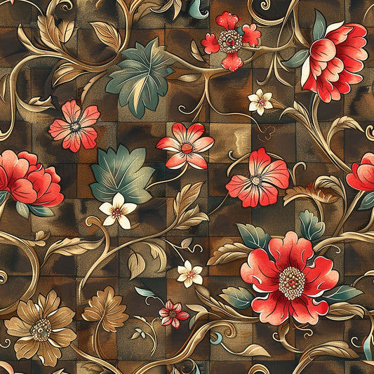 A richly detailed floral pattern with red, white, and orange flowers, green leaves, and swirling vines on a textured brown background.