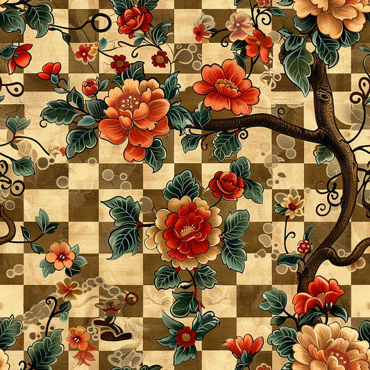 A pattern featuring red, orange, and yellow flowers with green leaves on dark brown branches against a beige and brown checkered background.