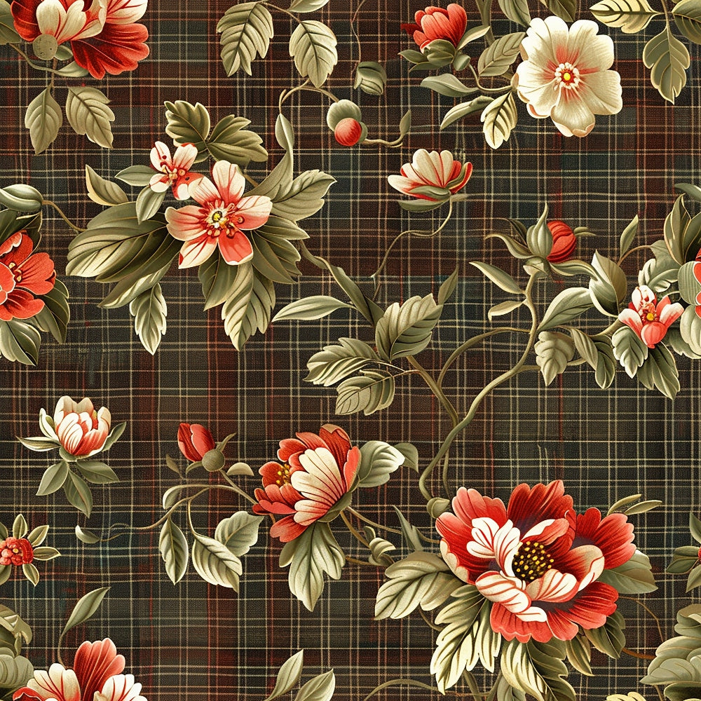 Floral pattern with red and white flowers, green leaves, and stems on a dark plaid background.