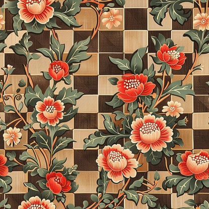 Floral pattern with red and cream flowers, green leaves on a checkerboard background of wood and beige tones.