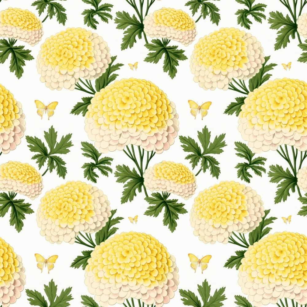 yellow flowers, cream petals, green leaves, botanical pattern, chrysanthemums, dahlias, butterflies, floral motif, quilting cotton, fabric panel, cottage garden, repeating design, nature inspired, spring theme, soft yellow, pale cream, forest green, delicate butterflies, blooming flowers, garden theme